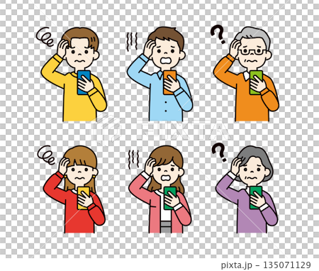 スマホを見て困る・悩む・頭を抱える、様々な年齢の人々のベクターイラスト素材セット_カラー スマホを見て困る・悩む・頭を抱える、様々な年齢の人々のベクターイラスト素材セット_カラー 135071129
