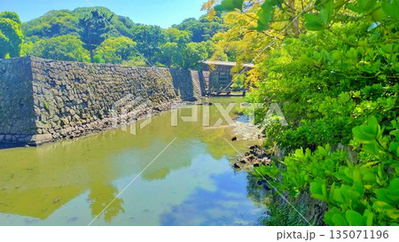 夏の青空と和歌山城の石垣とお堀 夏の青空と和歌山城の石垣とお堀 135071196