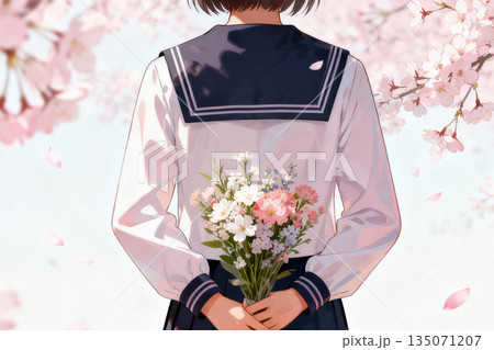 桜の季節の卒業式　花束を持つ学生の後ろ姿 135071207