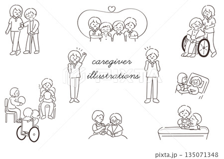 高齢者介護の日常シーン 白黒のシンプル手描きイラストセット 135071348