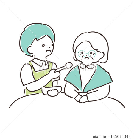 高齢者介護の日常シーン 手描きイラスト　食事の介助をするスタッフと高齢者 135071349