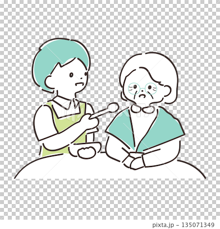 高齢者介護の日常シーン 手描きイラスト　食事の介助をするスタッフと高齢者 135071349