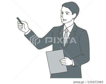 資料を手に持って、説明をしているスーツの男性の上半身のイラスト素材 135071465