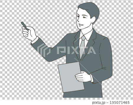 插圖素材：一名身穿西裝的男子手持文件，正在解釋，圖中人物為上半身。 135071465