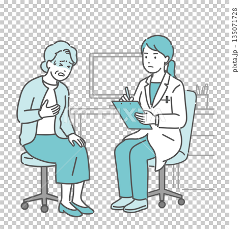 一位老婦人抱怨身體不適，一位女醫生（穿白大褂，進行醫療問診） 135071728