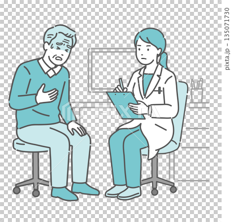 An elderly man complaining of poor health and a female doctor (white coat, medical interview) 135071730