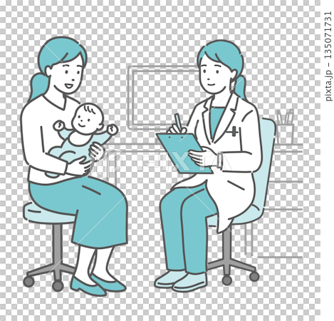 A female doctor taking a medical interview, a baby and a mother (white coat, pediatrics) A female doctor taking a medical interview, a baby and a mother (white coat, pediatrics) 135071731