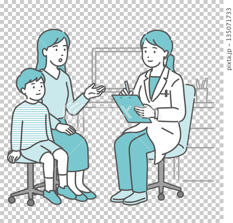A female doctor and a boy (white coat, pediatrics) conducting an interview 135071733
