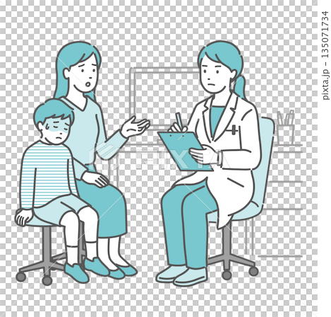 一個男孩抱怨身體不舒服，他的母親，還有一位女醫生（穿白大褂，兒科醫生）。 135071734