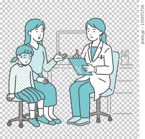 A girl complaining of poor health, her mother, and a female doctor (white coat, pediatrics) 135071736