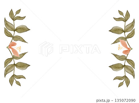 Floral frame horizontal border, peach blossoms, green leaves, watercolor hand-painted illustration isolated on white, botanical design ideal for wedding stationery, invitations, greeting cards Floral frame horizontal border, peach blossoms, green leaves, watercolor hand-painted illustration isolated on white, botanical design ideal for wedding stationery, invitations, greeting cards 135072090