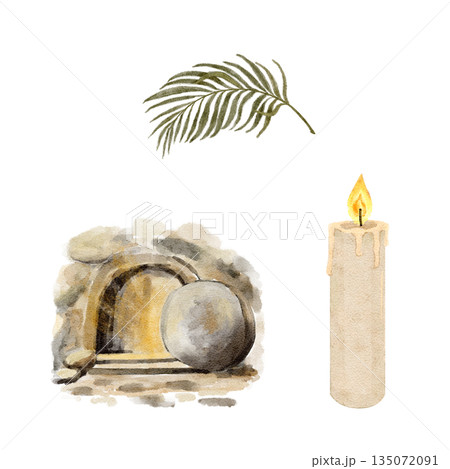 Empty tomb, burning candle, palm branch watercolor illustration set isolated on white. Hand-painted ideal for Easter sermon, church media, Christian presentation, religious card, Bible study materials 135072091