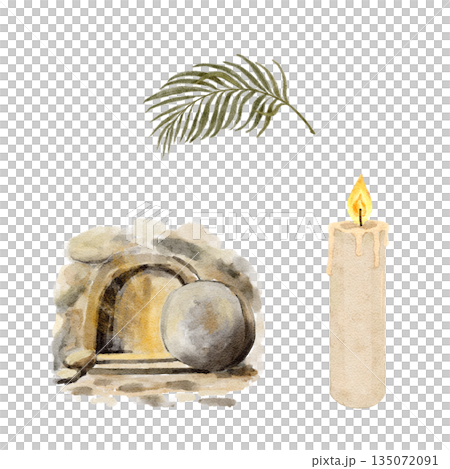Empty tomb, burning candle, palm branch watercolor illustration set isolated on white. Hand-painted ideal for Easter sermon, church media, Christian presentation, religious card, Bible study materials 135072091