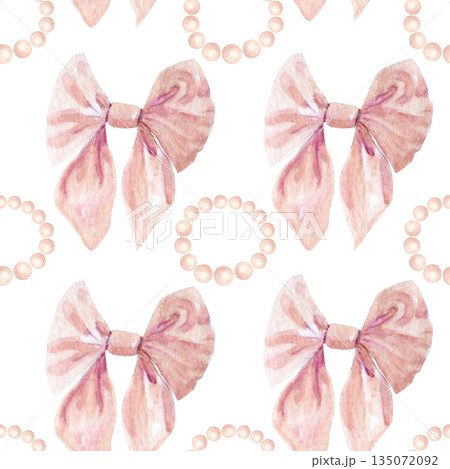 Watercolor bow, pearl bracelet seamless pattern in soft blush nude tones isolated on white. Hand-painted collection for fashion design, wedding stationery, branding, gift wrapping, beauty projects. Watercolor bow, pearl bracelet seamless pattern in soft blush nude tones isolated on white. Hand-painted collection for fashion design, wedding stationery, branding, gift wrapping, beauty projects. 135072092