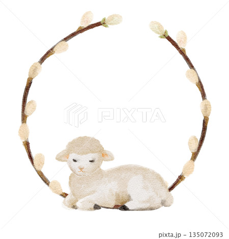 Lamb with willow wreath watercolor illustration isolated on white, pussy willow branches pastel tones, hand-painted art perfect for Easter design, nursery decor, invitations, prints, seasonal branding 135072093