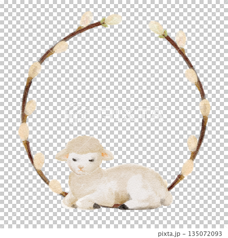 Lamb with willow wreath watercolor illustration isolated on white, pussy willow branches pastel tones, hand-painted art perfect for Easter design, nursery decor, invitations, prints, seasonal branding 135072093