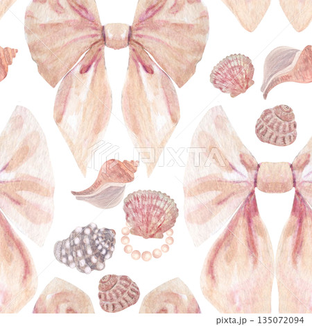 Seamless watercolor pattern with soft pink bow, pearl circle, seashells isolated on white. Elegant hand-painted coastal wedding design, perfect for invitations, stationery, packaging, romantic decor. 135072094