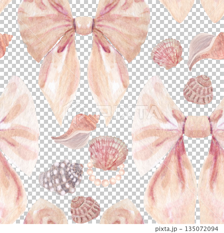 Seamless watercolor pattern with soft pink bow, pearl circle, seashells isolated on white. Elegant hand-painted coastal wedding design, perfect for invitations, stationery, packaging, romantic decor. 135072094