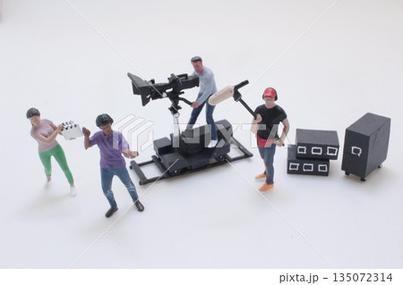 Miniature Film Crew On a Studio Set With Camera, Boom, 135072314