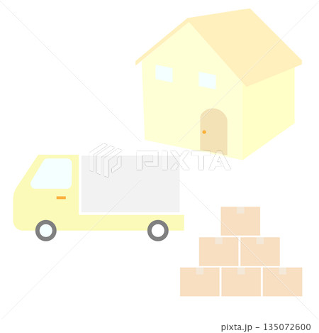 家とトラックと段ボール箱の引っ越しイラストセット 家とトラックと段ボール箱の引っ越しイラストセット 135072600