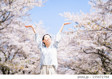 桜の木の下でストレッチをする若い女性　ライフスタイルイメージ 135072768