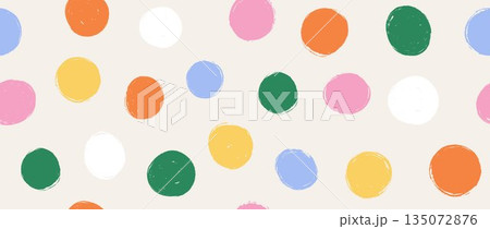 Bright birthday polka dot seamless pattern. Repeated round painted confetti background. Happy colorful dotted wallpaper for Easter wrapping paper, birthday decoration, kid bday nursery decor. Vector 135072876
