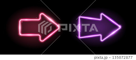 Purple and red neon arrow elements. Pink and purple glowing led direction sign. Shine arrowhead shape tube lamp. Bright luminous fluorescent pointers for banner, poster, logo. Vector neon led lights Purple and red neon arrow elements. Pink and purple glowing led direction sign. Shine arrowhead shape tube lamp. Bright luminous fluorescent pointers for banner, poster, logo. Vector neon led lights 135072877