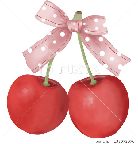 Watercolor clipart of cherries in coquette pink bow with white dot. Watercolor clipart of cherries in coquette pink bow with white dot. 135072976