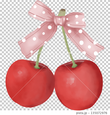 Watercolor clipart of cherries in coquette pink bow with white dot. Watercolor clipart of cherries in coquette pink bow with white dot. 135072976