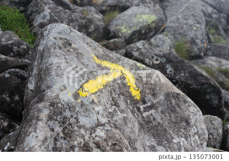 登山の道しるべ：岩場に記された黄色いペンキの矢印とルート標識 135073001