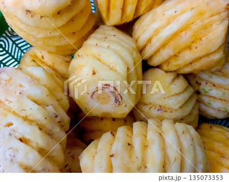 Pile of Pineapple Peel Waste, Tropical Fruit Skin Background for Organic Fertilizer or Compost Pile of Pineapple Peel Waste, Tropical Fruit Skin Background for Organic Fertilizer or Compost 135073353