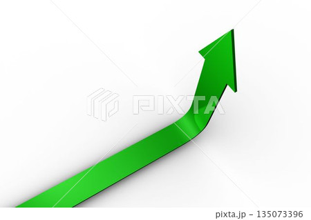 Green 3D arrow is curving upward against minimalist white backdrop, with glossy shading 135073396