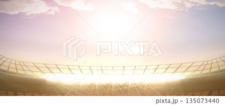 Featuring flat design stadium with curved roof and floodlights casting sun rays and cloud shadows Featuring flat design stadium with curved roof and floodlights casting sun rays and cloud shadows 135073440