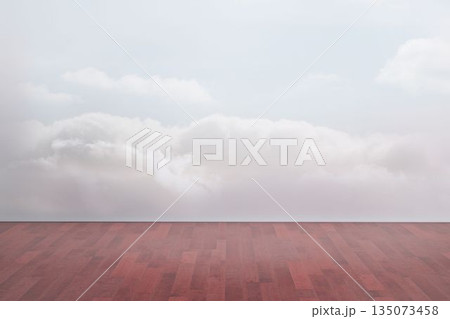 Minimalist flat interior is featuring red-toned hardwood planks meeting soft cloud mural backdrop 135073458