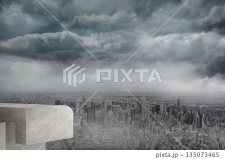 Concrete observation ledge is jutting from rooftop overlooking stormy skyline in flat illustration 135073465
