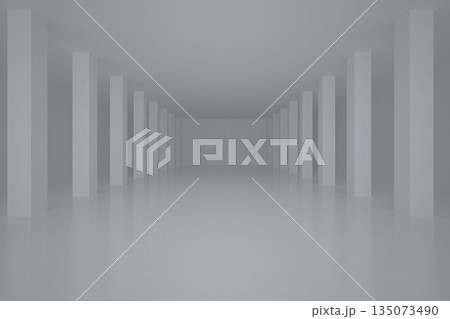 3D render is showing empty hall with parallel square columns reflecting on smooth gray floor 3D render is showing empty hall with parallel square columns reflecting on smooth gray floor 135073490