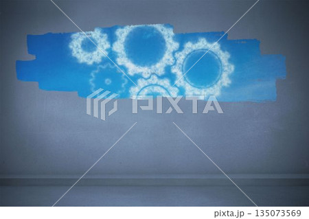 Display on wall showing cloudy cogs and wheels Display on wall showing cloudy cogs and wheels 135073569