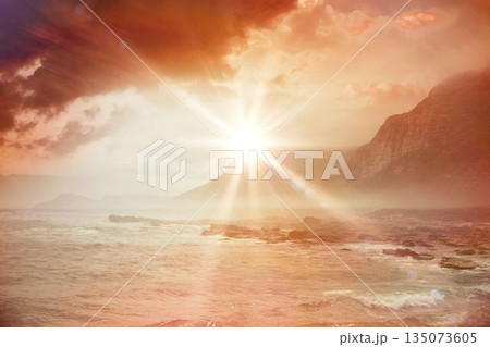 Digital composite of Sunrise over magical sea 135073605