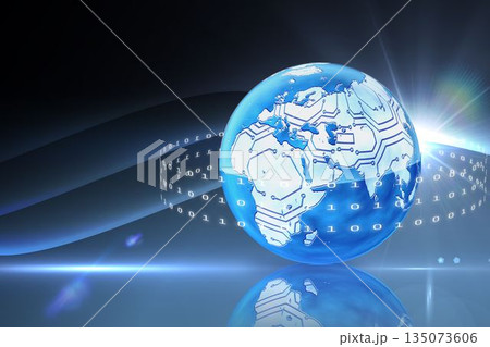 3D render globe with circuitry is glowing above shiny base emitting binary ribbon and light streaks 135073606
