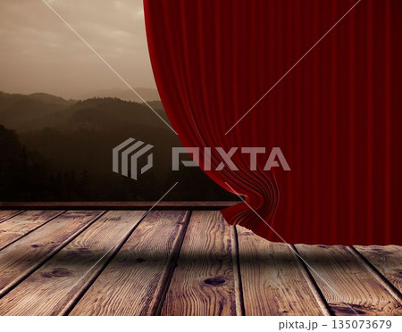 Flat design scene is revealing misty forested mountains beyond drawn red curtain on wooden floor Flat design scene is revealing misty forested mountains beyond drawn red curtain on wooden floor 135073679