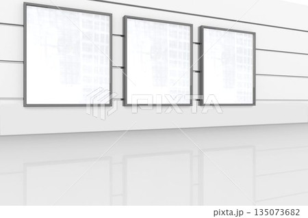 Gallery is showing flat white walls with horizontal rails and three blank frames on glossy floor Gallery is showing flat white walls with horizontal rails and three blank frames on glossy floor 135073682
