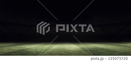 Grassy playing field is glowing under floodlights in flat design stadium with empty seating stands 135073720
