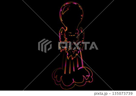 Stylized neon-outlined rocket is blasting off in black void, with glowing multicolor exhaust trails 135073739