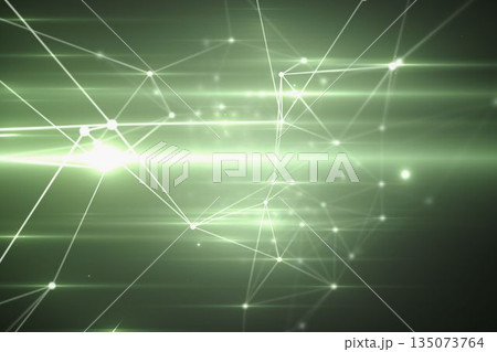 Cluster of glowing nodes and lines is floating in deep green digital grid, highlighting light beams Cluster of glowing nodes and lines is floating in deep green digital grid, highlighting light beams 135073764