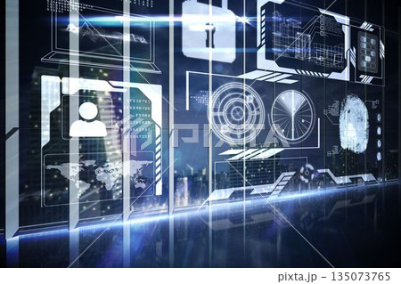 Hologram interface in office overlooking city Hologram interface in office overlooking city 135073765