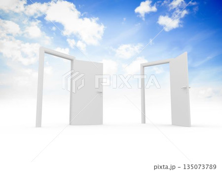 Two white open doors are standing on seamless white plane under bright blue sky, minimalist style 135073789