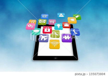 Digital tablet is lying flat in 3D render on gradient backdrop, showing floating application icons 135073804