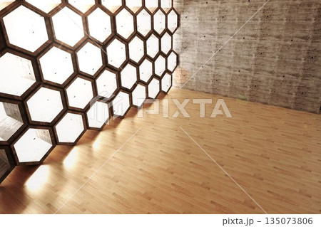 Empty room made of wood with hexagons and light spots Empty room made of wood with hexagons and light spots 135073806