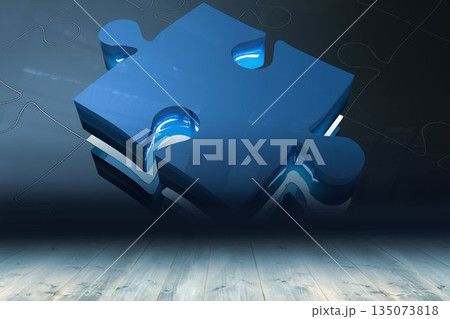 Glossy blue 3D render puzzle piece is floating above light wooden floor with dark wall outlines Glossy blue 3D render puzzle piece is floating above light wooden floor with dark wall outlines 135073818