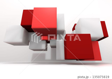 Red and white 3D cube cluster is floating in white studio with reflective floor, copy space Red and white 3D cube cluster is floating in white studio with reflective floor, copy space 135073819
